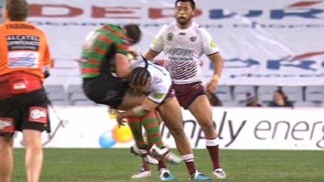 Steve Matai pulls off one of the biggest hits of the modern era on Rabbitohs forward Dave Tyrell in 2015.