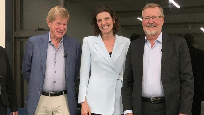 (L-R) Kerry O'Brien, Allegra Spender and Quentin Dempster pictured at Monday’s election Q&amp;A session in Bondi, eastern Sydney.