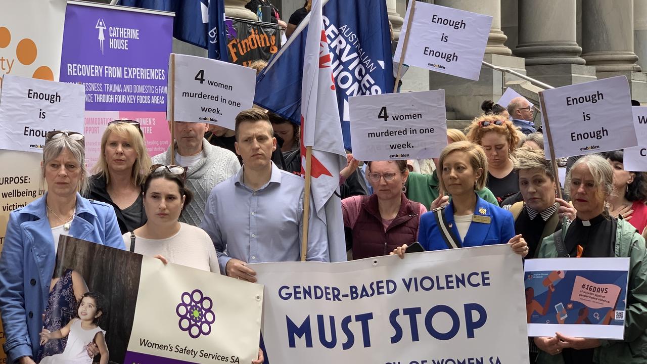 Hundreds gathered for a rally against domestic violence at Parliament House after the deaths of four women in one week. Picture: Duncan Evans