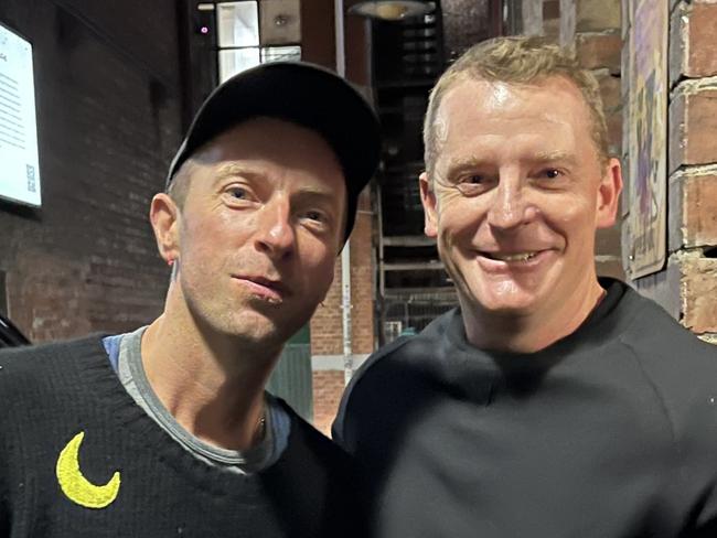 Coldplay singer Chris Martin with Carlton Football Club coach Michael Voss after Coldplay's Melbourne show on October 31, 2024. Picture: Supplied.