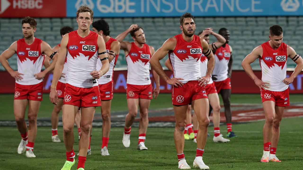 Sydney Swans players leave the ground. Photo: Mark Metcalfe/AFL Photos/via Getty Images.