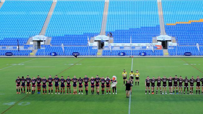 17th October 2020, The National Anthem is sung before the Gold Coast Rugby League A-Grade Grand Final between the Runaway Bay Seagulls and the Burleigh Bears played at CBus Stadium Photo: Scott Powick Newscorp