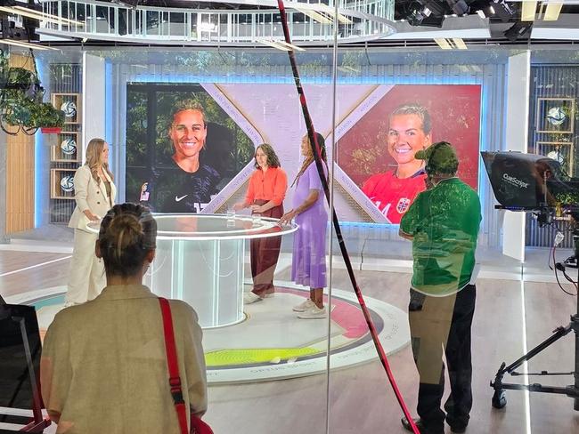 Behind the scenes of three of Optus Sport's female presenters at work covering the WWC. Picture: Twitter / @WSukkarieh