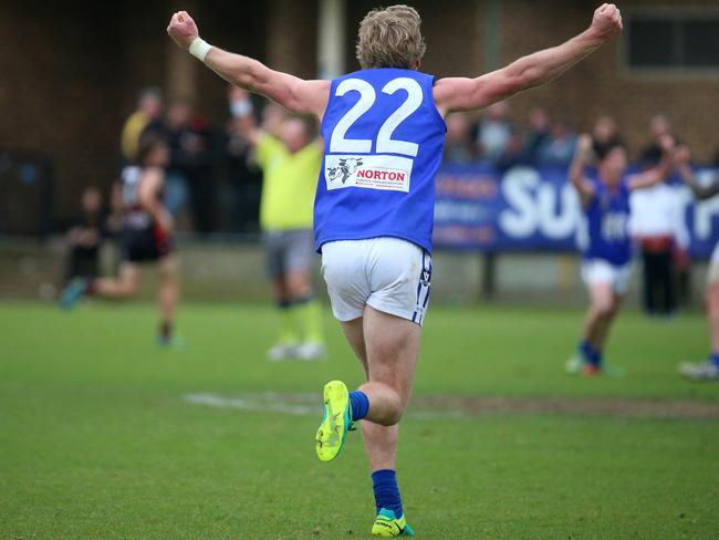 Shaun Foster of Hastings celebrates on the final siren. Picture: Mark Dadswell