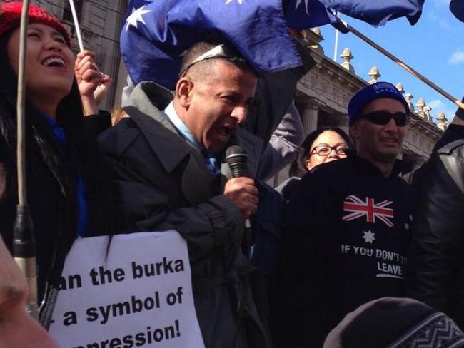 Sri Lankan immigrant Danny Nalliah leads the cry of “Aussie, Aussie, Aussie, oi oi oi” for Reclaim Australia rally.