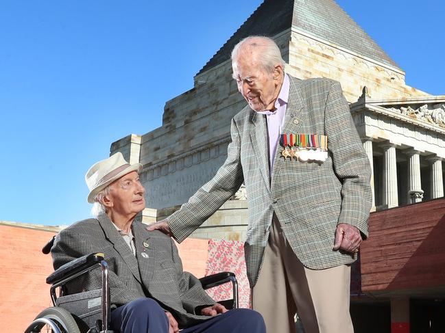 **HOLD HERALD SUN PIC DESK FOR SUNDAY HS APRIL 11*** Some of the last surviving members of the Rats of Tobruk, at the Shrine of Remembrance in Melbourne. 101 year old Geoff Pullman and 100 year old Ted Stone [standing]. Picture: Alex Coppel.