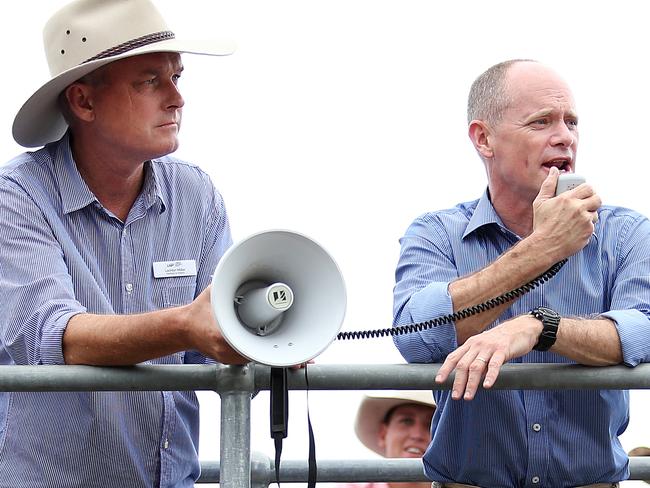 Things are looking up for Queensland Premier Campbell Newman (right), pictured here with LNP Gregory candidate Lachlan Millar on Day 9 of his re-election campaign. Pictures: Jack Tran / The Courier Mail