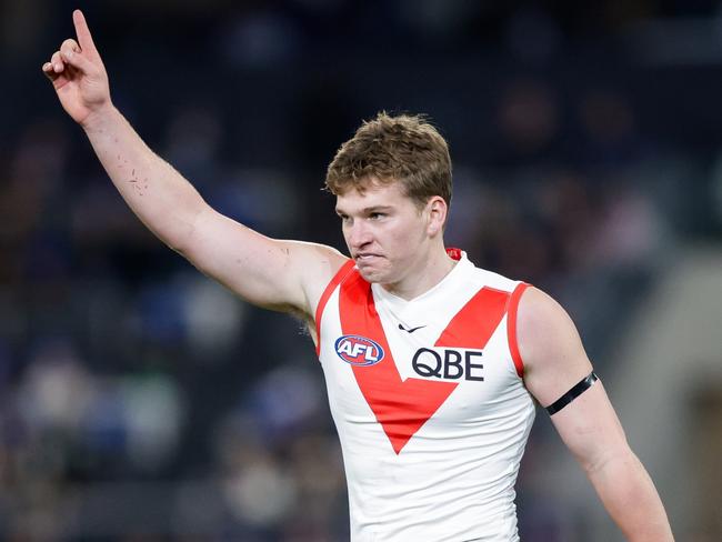 BRISBANE, AUSTRALIA - JUNE 16: Angus Sheldrick of the Swans celebrates a goal during the 2023 AFL Round 14 match between the Brisbane Lions and the Sydney Swans at the Gabba on June 16, 2023 in Brisbane, Australia. (Photo by Russell Freeman/AFL Photos via Getty Images)