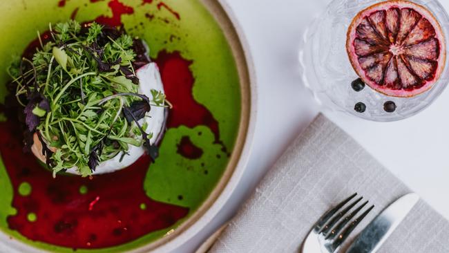 Robe Dairy Camembert with beetroot tartare, and herb oil at Commodore on the Park in Mount Gambier. Picture: Louise Agnew Photography