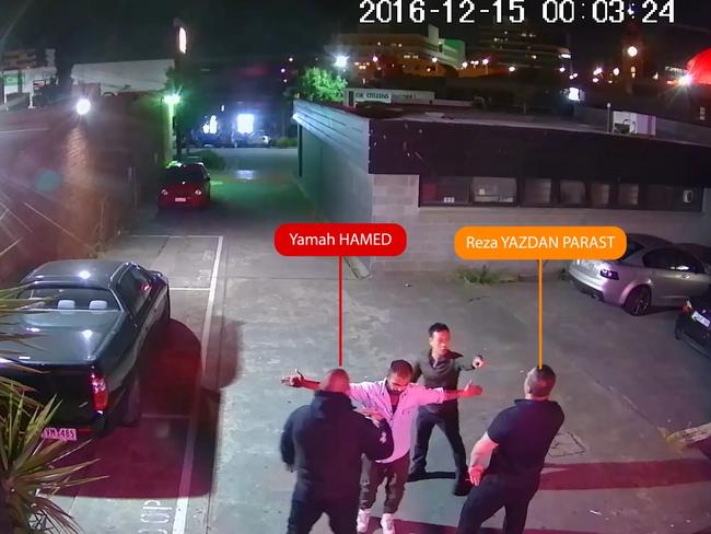 CCTV footage of an assault outside Sin City strip club in Dandenong. Iranian bouncer Reza Yazdan Parast avoided likely deportation over the bashing of two strip club patrons.