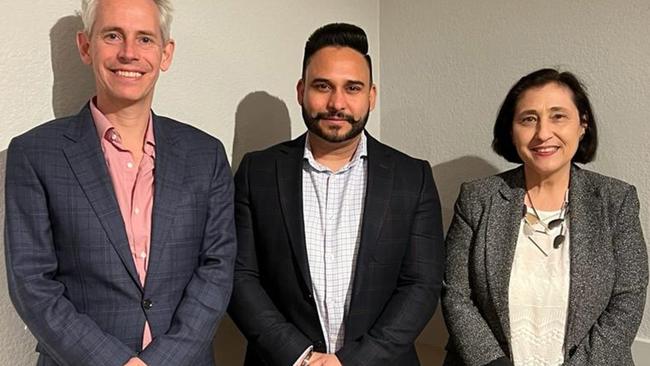 Migration agent Harjeet Chahal standing with federal Immigration Minister Andrew Giles and Lily Lily D'Ambrosio. Picture: Supplied.