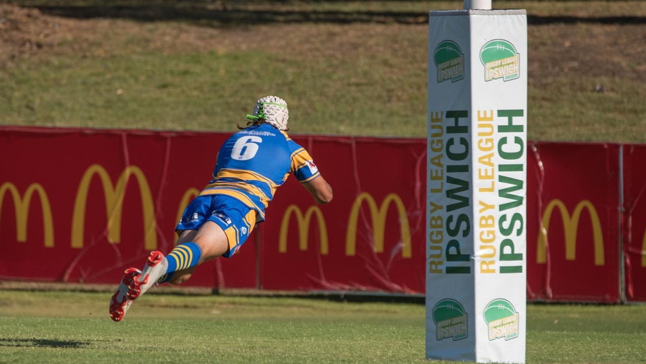 Ritchie Lowe scoring for the Norths Tigers in his former teams' semi-final victory over Toowoomba Valleys during the 2020 reason. Picture: Bruce Clayton