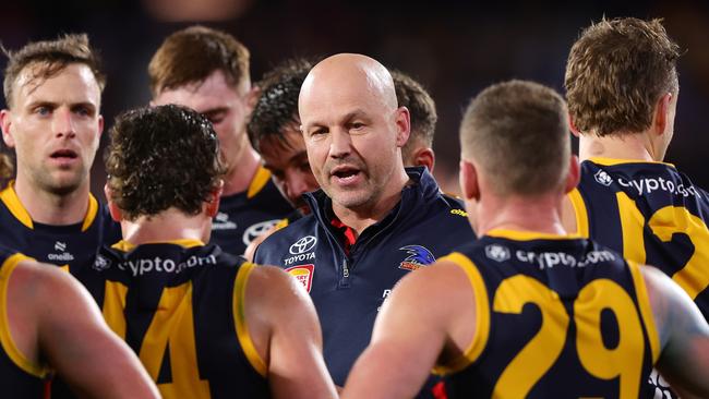 Crows Senior coach Matthew Nicks address his team during its 2024 AFL Round 13 home ground loss to last placed Richmond last night. Picture: Sarah Reed/AFL Photos