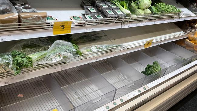 Almost empty shelves on Tuesday at the Coles North Ward after significant delays to grocery deliveries.