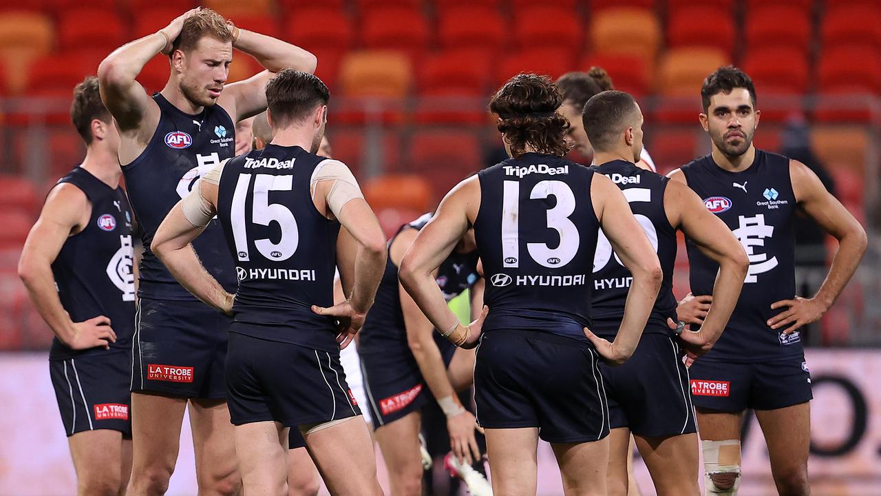 The Blues look dejected after losing to the Greater Western Sydney Giants. Picture: Mark Kolbe