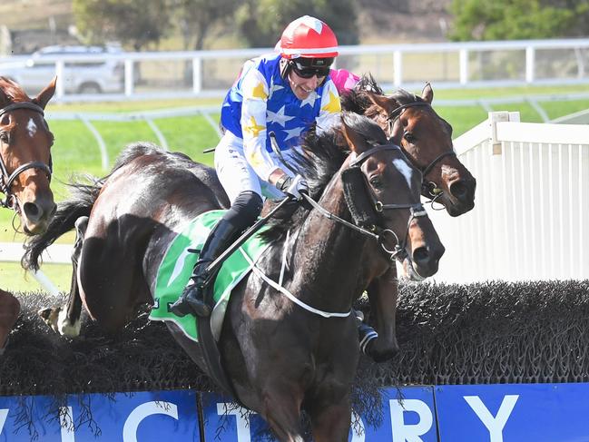 Duke Of Bedford (NZ) ridden by William McCarthy jumps a steeple on the way to winning the 3YB FM Scotty Stewart Brierly Steeplechase at Warrnambool Racecourse on April 29, 2025 in Warrnambool, Australia. (Photo by Pat Scala/Racing Photos via Getty Images)