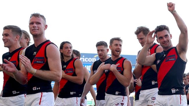 Bombers skipper Dyson Heppell (centre) and his teammates continue to build their finals stocks. Picture: Getty Images