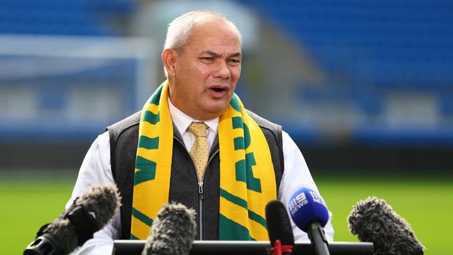 GOLD COAST, AUSTRALIA - JULY 04: Mayor Tom Tate speaks to the media during a Football Australia media opportunity at Cbus Super Stadium on July 04, 2024 in Gold Coast, Australia. (Photo by Chris Hyde/Getty Images for Football Australia)