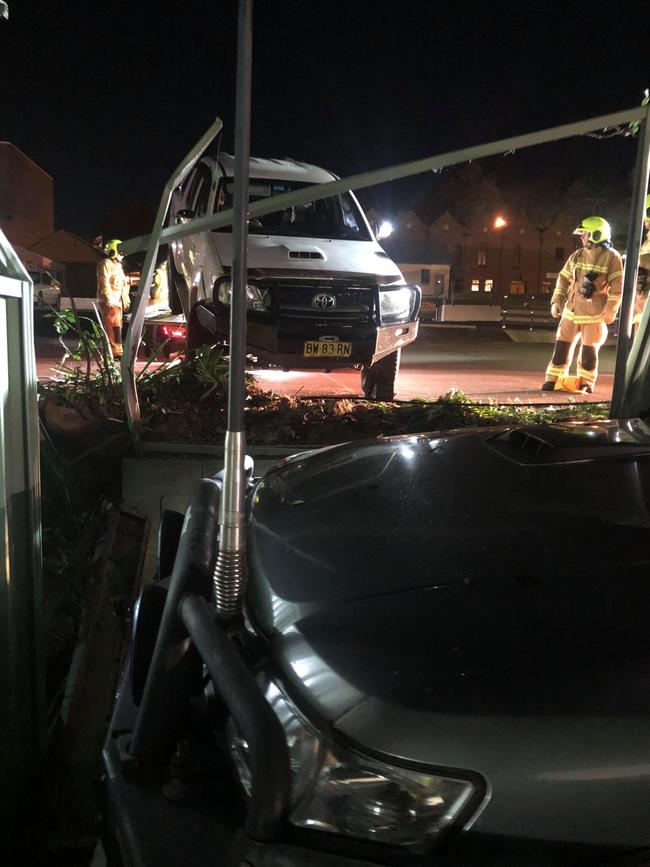 A stolen Toyota Hilux ploughed into the fence of Wyong Fire Station and damaged Dept Captain Tim Farlow's 4WD. Picture: supplied