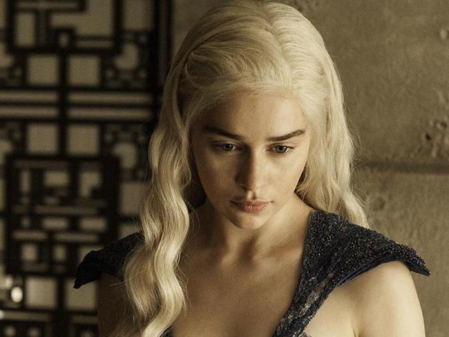 In this image released by HBO, Daenerys Targaryen, portrayed by Emilia Clarke, appears in a scene from season four of "Game of Thrones." The 5th season of the show premiered on Sunday, April 12, 2015. (AP Photo/HBO, Helen Sloan)