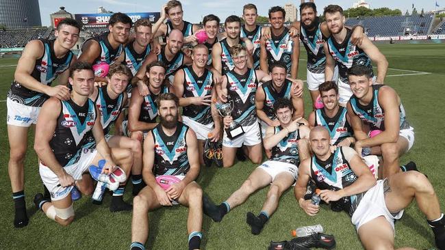 Port Adelaide players celebrate their win against St Kilda in China last year. Picture: Michael Willson (AFL Photos)