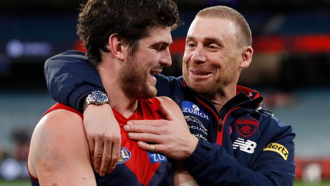 Star Melbourne defender Angus Brayshaw (left) and coach Simon Goodwin both spoke this week of the need for the Demons to regain their ruthlessness. Picture: Getty Images