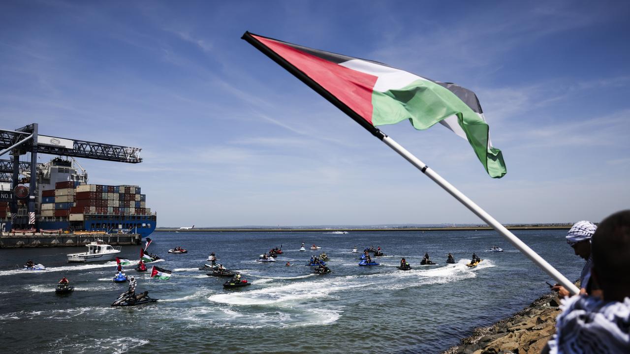 Jetskis attempted to block an Israeli ship. Picture: Dylan Robinson/NCA NewsWire