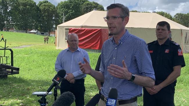 Premier Dom Perrottet talks about the Northern Rivers flood recovery during a press conference at Wollongbar TAFE on Saturday.