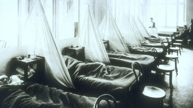 Inside a hospital ward during the Spanish flu epidemic in Australia 1918.