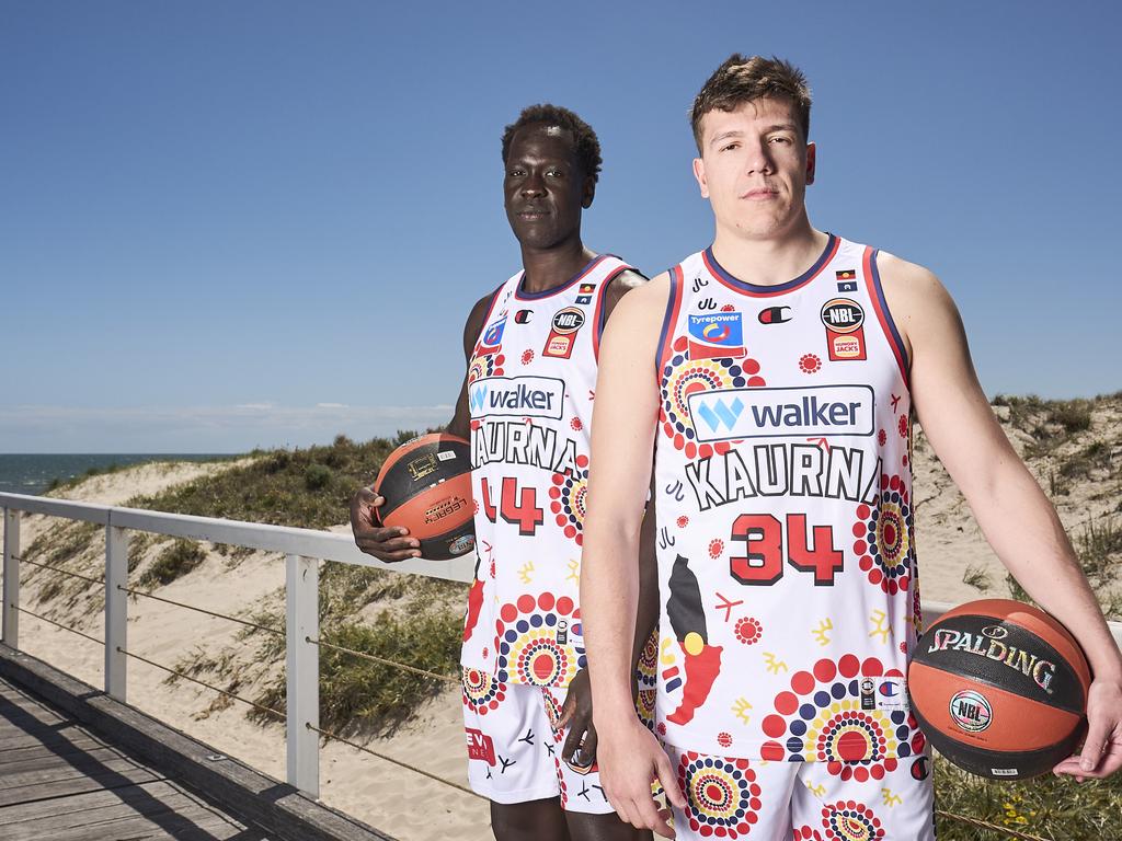 Sunday Dech and DJ Vasiljevic in Grange, where the 36ers have unveiled their new Indigenous jersey. Picture: Matt Loxton