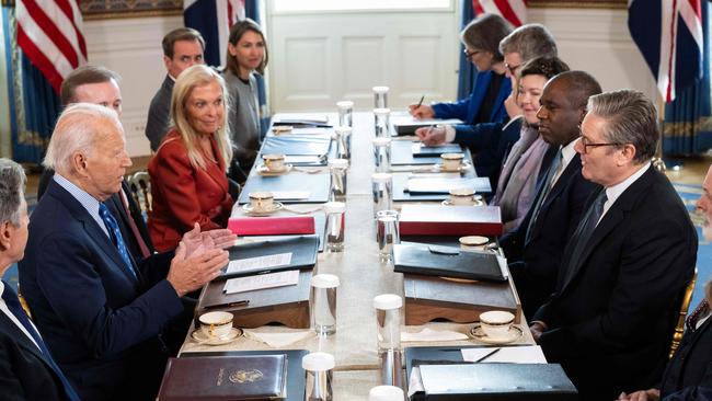 Joe Biden and Keir Starmer meet in the Blue Room of the White House in Washington on Friday. Picture: AFP