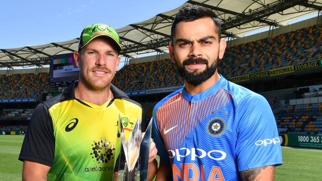 Australian captain Aaron Finch and Indian captain at the Gabba on Tuesday ahead of Wednesday’s T20 clash. Picture: AAP