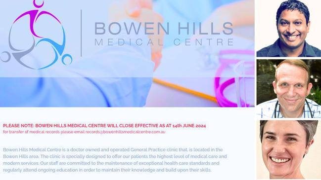 The message on the Bowen Hills Medical Centre’s website alerting patients of the closure.