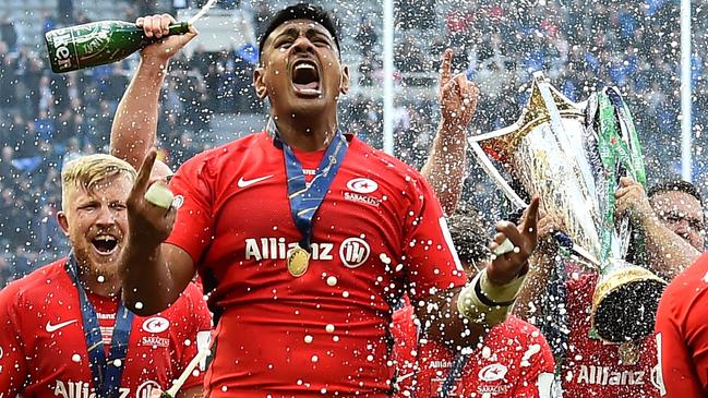 Will Skelton celebrating Saracens victory over Leinster in the European Cup. Picture: Glyn Kirk/AFP