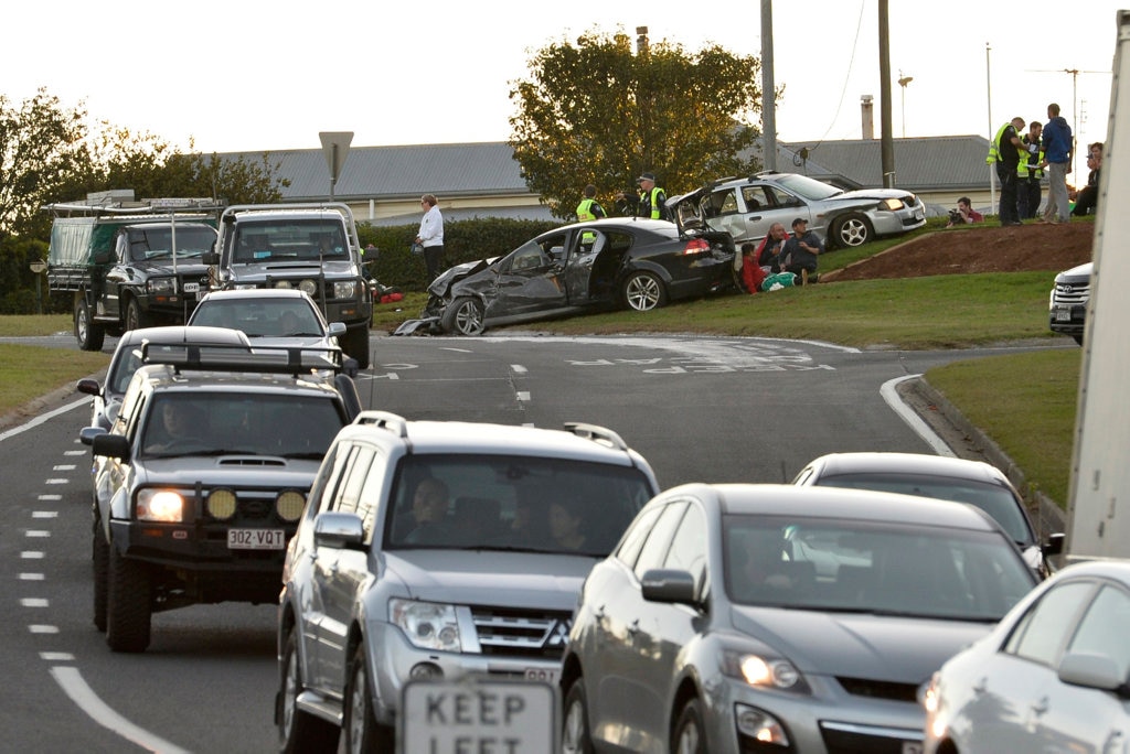 A three-vehicle crash on the top of the Toowoomba Range, Sunday, May 13, 2018. Picture: Kevin Farmer