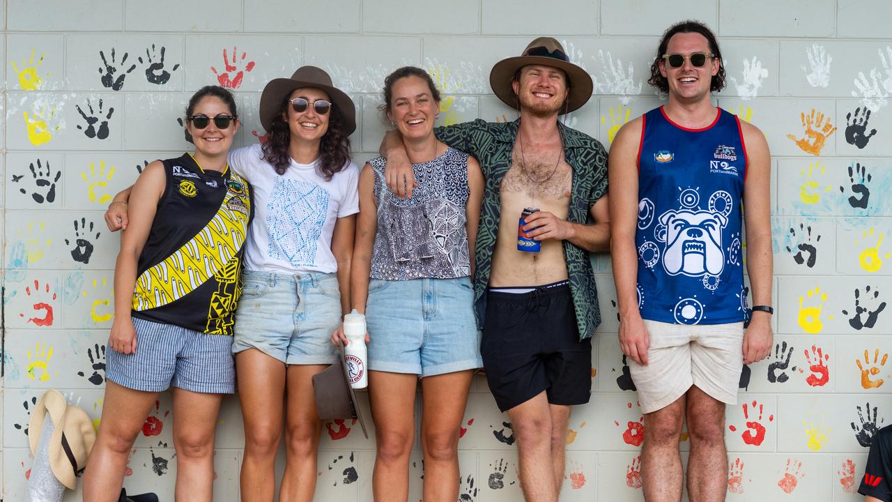 The Tiwi Islands 2020-2021 Grand Final. The Imalu Tigers take on the Walama Bulldogs on Bathurst Island. Carlie Davis, Tas Soller, Anna Traill, Ben Wingrove and Pat McKinnon are daytrippers from Darwin. Photograph: Che Chorley