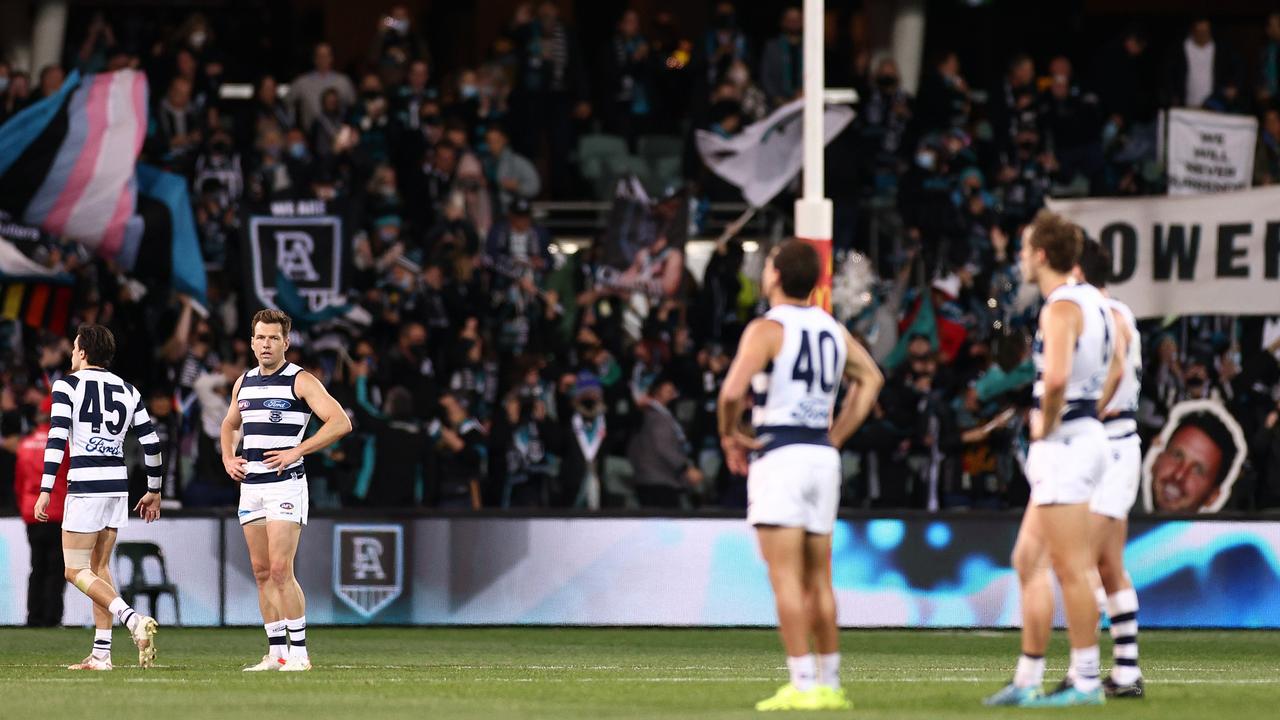 Dejected Geelong players after their qualifying final loss to Port Adelaide. (Photo by Daniel Kalisz/Getty Images)