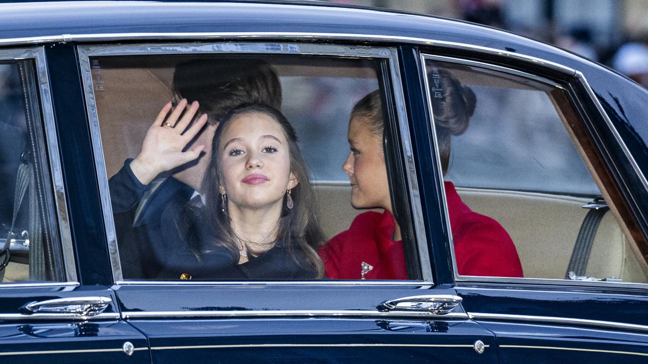 Princess Josephine waves as she and her siblings Prince Vincent, Princess Isabella and Crown Prince Christian arrive at Amalienborg. Picture: Martin Sylvest Andersen/Getty Images