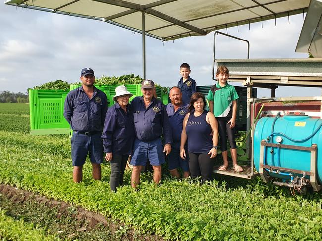 Trevor and Joy Goos, with son Jamie and daughter-in-law Edith Goos and their children Desiree and Archer, and farm manager Matthew Thomasson, on their herb farm at Biloela, QLD.