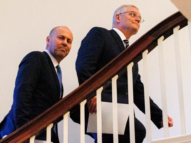 ELECTION TEAM 2022  LIBERAL BUS TOUR  3/5/2022    Prime Minister Scott Morrison With Josh Frydenberg  the treasurer  have a press conference in CPO treasury place after the first interest rates rise in a decade.   Picture: Jason Edwards