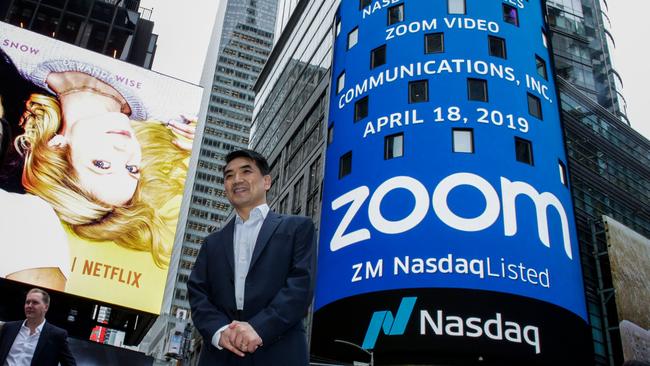 Zoom founder Eric Yuan poses in front of the Nasdaq building in New York City. Picture: AFP)\.