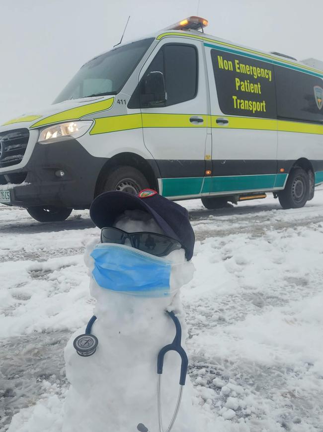 Snow in Tasmania. A snowman for the times. Picture: HAYDEN APPLEBEE