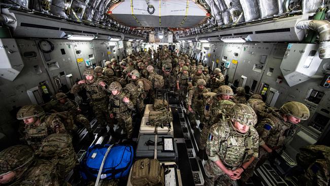 The British Army, from 16 Air Assault Brigade, as they disembark from an RAF Voyager aircraft after landing in Kabul to assist in evacuating British nationals. Picture: MoD