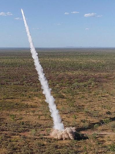 A HIMARS fires a guided rocket against a target on Bradshaw Field Training Area. Picture: Petty Officer Peter Thompson