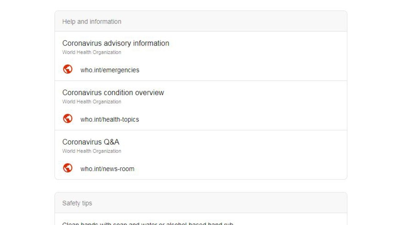 Google is now prioritising information directly from the World Health Organisation when people search for news on the coronavirus. Picture: Supplied