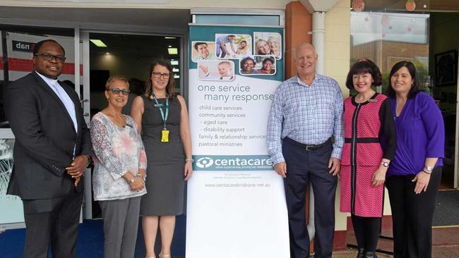 NEW DIGS: Father Chukwudi Chinaka, Karen Maciolek, Nicole Morgan, David Oliver, and Kathy Duff at the Centa Care opening on Kingaroy Street. Picture: Madeline Grace