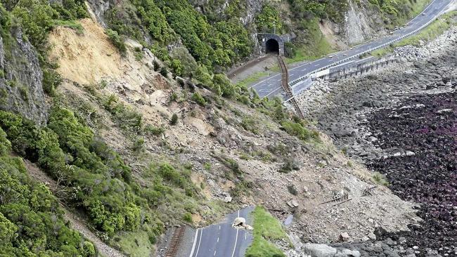 A landslide blocks State Highway One and the main railway line north of Kaikoura following an earthquake in New Zealand, Monday, Nov. 14, 2016. A powerful earthquake that rocked New Zealand on Monday triggered landslides and a small tsunami, cracked apart roads and homes and left two people dead, but largely spared the country the devastation it saw five years ago when a deadly earthquake struck the same region. (Mark Mitchell/New Zealand Herald/Pool via AP). Picture: Mark Mitchell