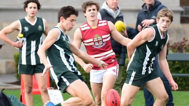 Action from the Prince Alfred v Westminster round five college footy clash. Picture: Leo Panzarino