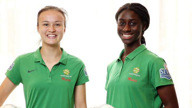 Matildas players Amy Sayer (left) and Princess Ibini ahead of matches against Chile. Picture: Tim Hunter.