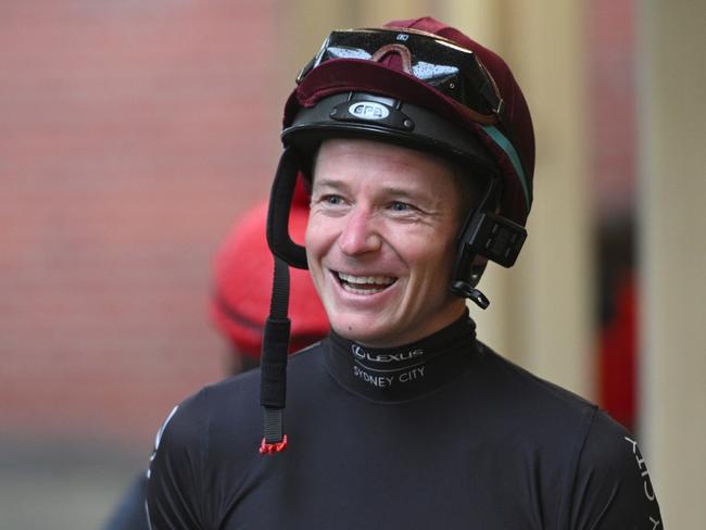 MELBOURNE, AUSTRALIA - OCTOBER 15: James McDonald is seen after riding Cox Plate favourite Romantic Warrior during gallops at Moonee Valley Racecourse on October 15, 2023 in Melbourne, Australia. (Photo by Vince Caligiuri/Getty Images)